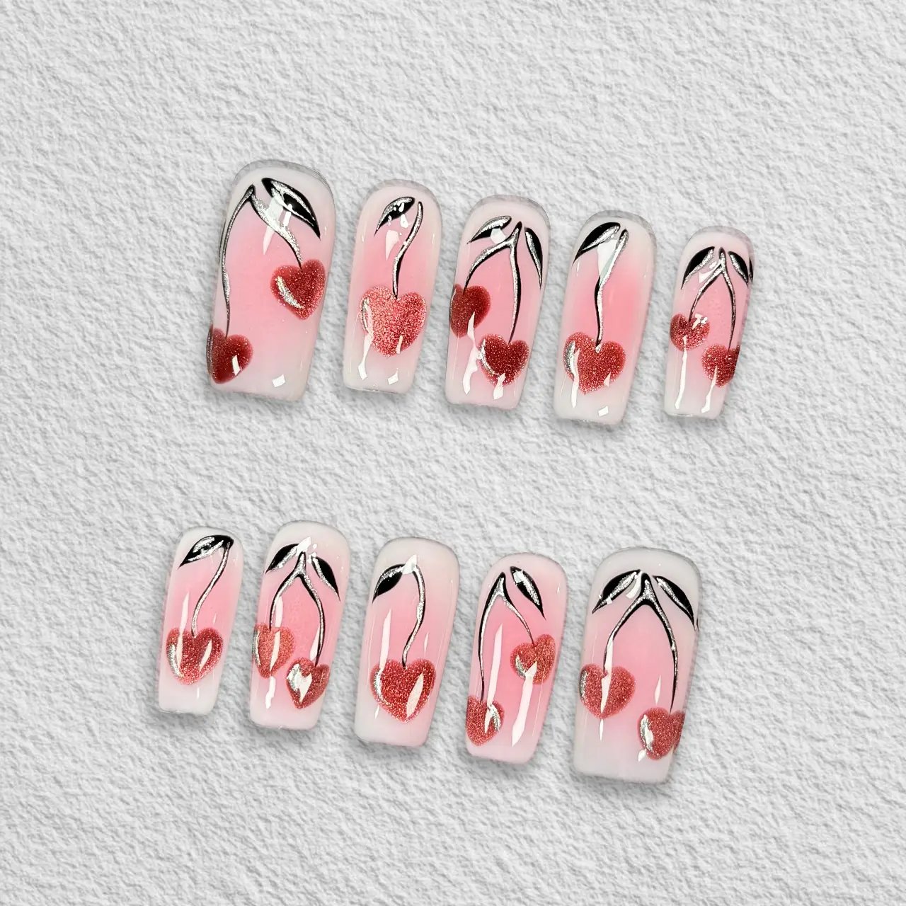 Pressmeon Handmade Press-on Nails | Cherry Love Bite | Medium Squre Shape Collection | 3D Luxury Salon Quality | Reusable & Extra Durable | Eco Package