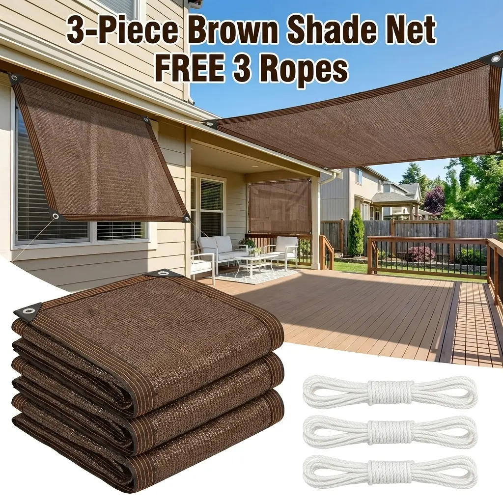 3pcs Coffee Brown Breathable Sun Shade Net, Airflow Keep Cool, Outdoor Spa Pool Sunscreen, Pet Enclosure Top Cover, Garden Trellis Shade, And Free Hanging Ropes Included