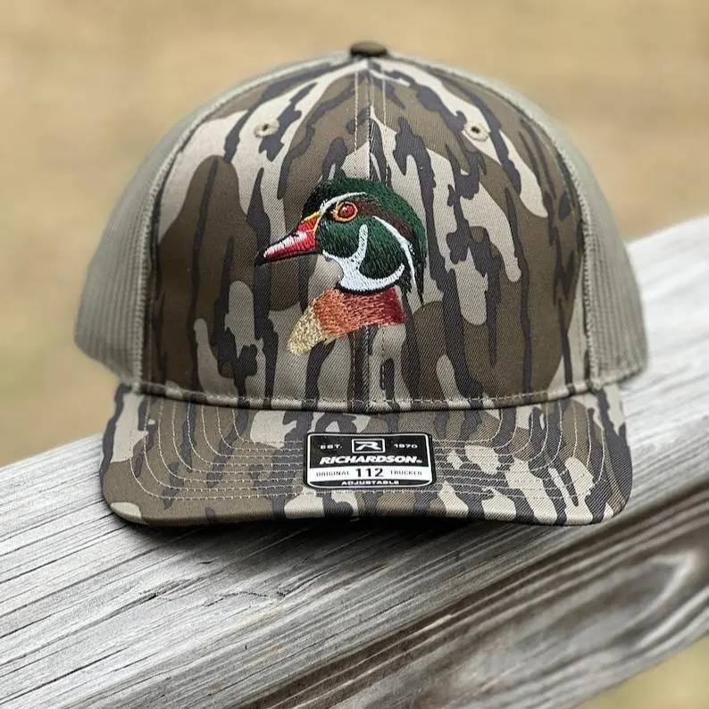 Wood Duck Hunting Hat – Embroidered Duck Design Bottomland Camo Trucker Cap, Perfect Gift for Duck Hunters
