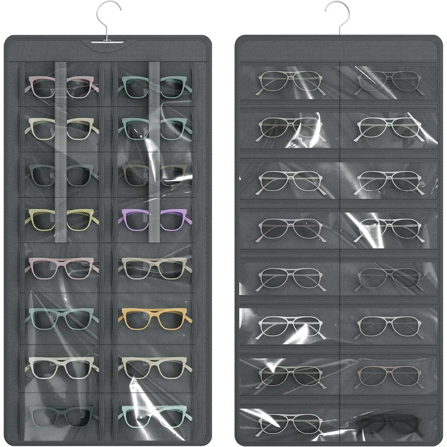 Hanging Sunglasses Organizer and Storage, Dual-Sided Sunglasses Case and  Holder, Wall-Mounted, 32 Clear Slots, Dust-Proof, Roof Design for Travel, Dark Gray