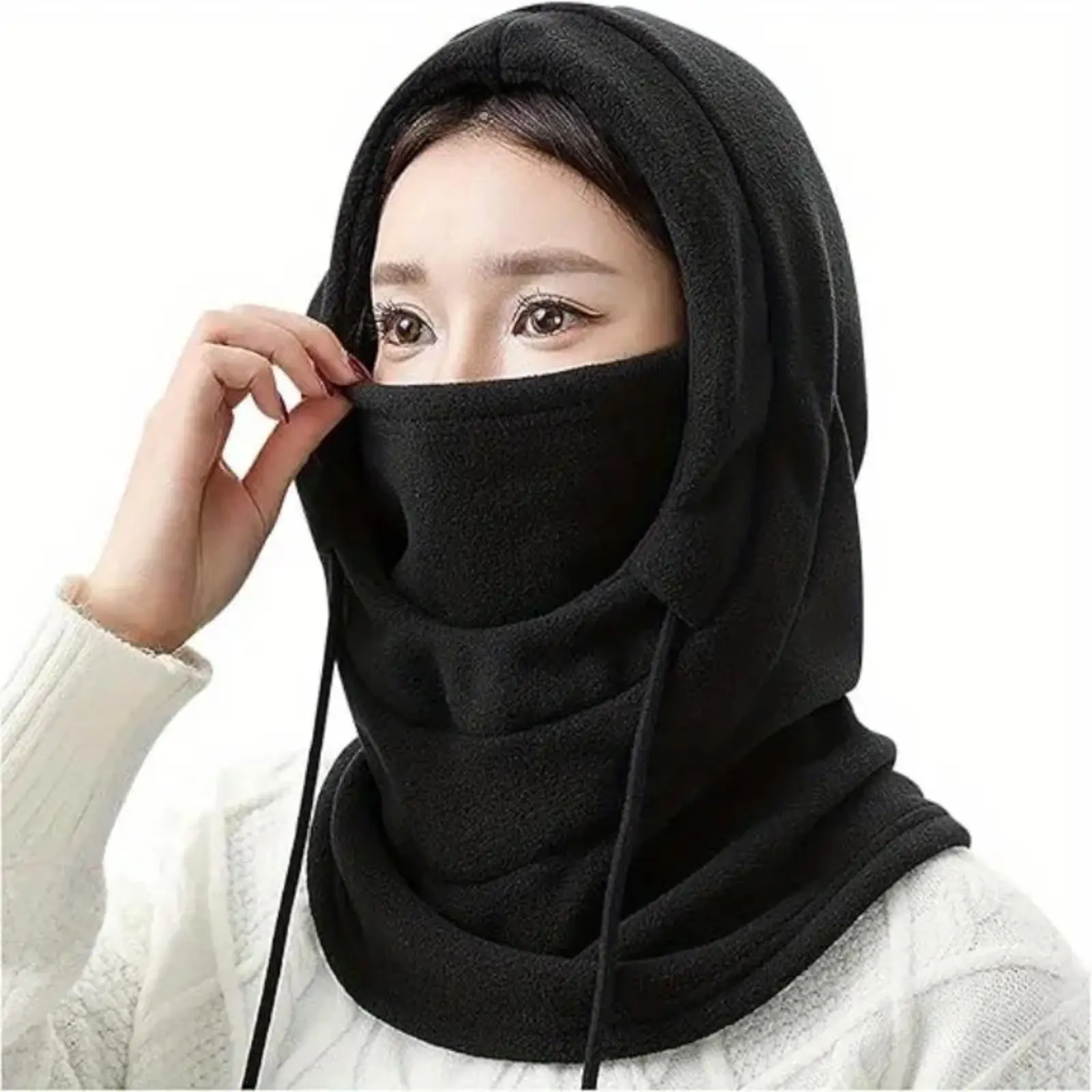 Black Balaclava Ski Mask, Unisex Hooded Headwear with Drawstring, Windproof for Winter Cycling and Cold Weather Outdoor Sports, Face Cover Balaclava, Balaclava Face Mask, Cycling Gear