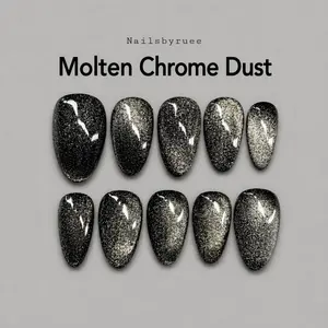 Nailsbyruee | Molten Chrome Dust Press On Nails - Silver Cat Eye With Dark Base 10pcs