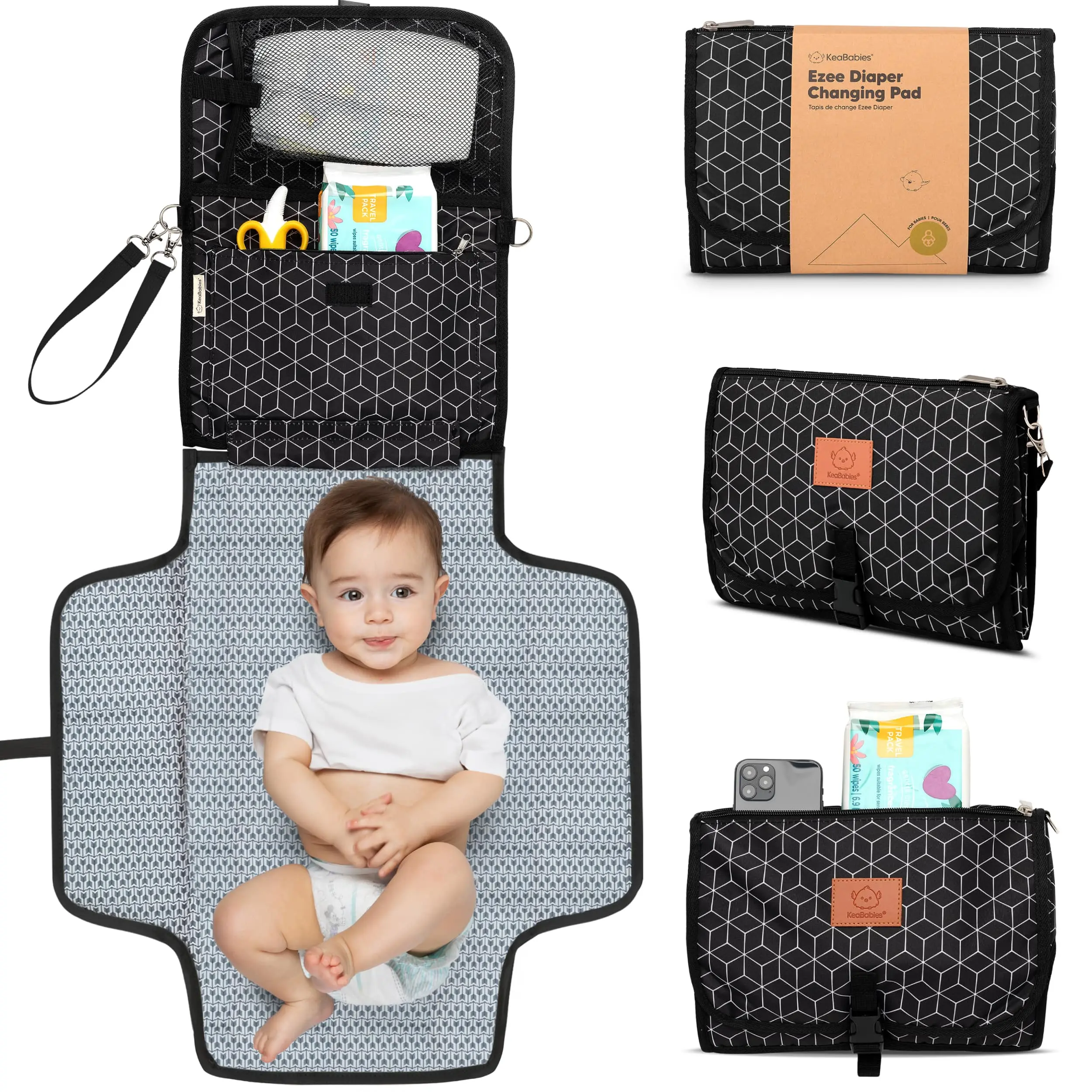 KeaBabies Portable Diaper Changing Pad, Travel, Car - Large Waterproof Baby Changing Mat, Wipeable, Padded, On The Go Travel Diaper Clutch Bag, Easy to Use Pockets for Newborn Essentials