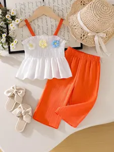 Baby Girl Summer Thin Fashion 2-Piece Set, Floral Halter Top + Elastic Waist Wide Leg Pants, Casual Sweet Style