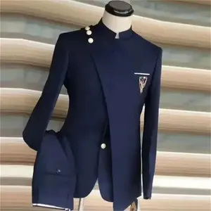 Navy Blue Men's Suits Single Breasted Stand Lapel Blazer African Style Formal Occasion Party 2 Piece Jacket Pants Costume Homme Menswear Long Sleeve