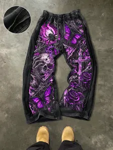 Men's Casual Cotton Pants, Graphic Pants, Skull Butterfly Cross Print, Street Style, Drawstring Waist, Ankle Length, All Seasons, Perfect for Outdoor & Holidays