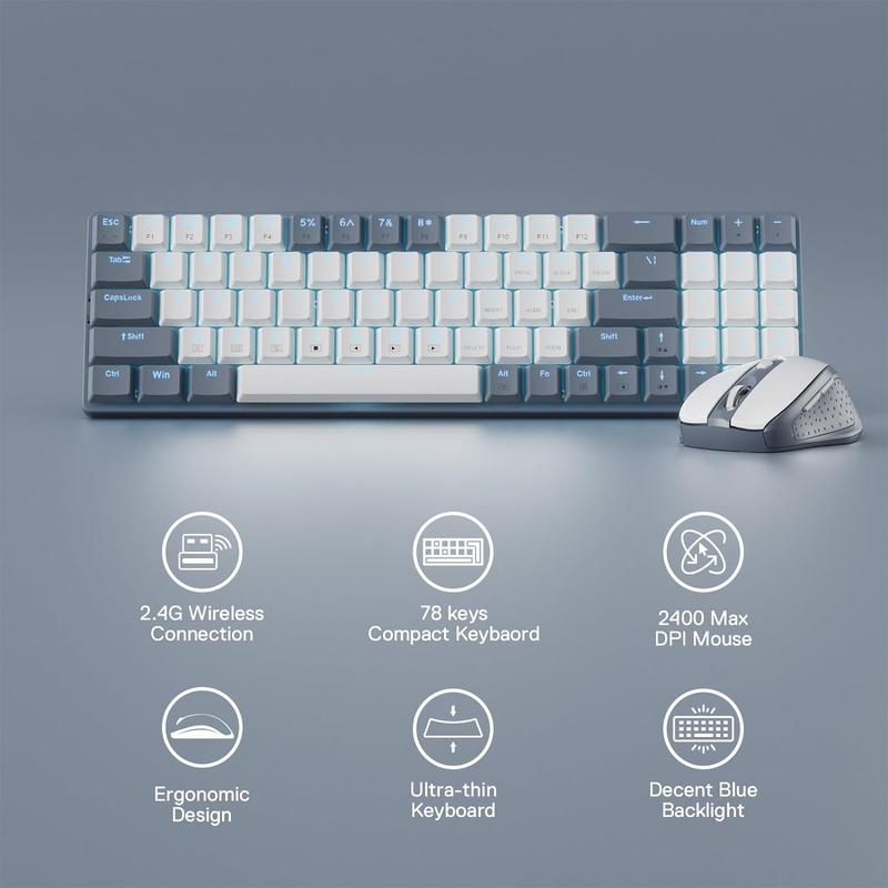 Redragon BS8772 Wireless Ergonomic Keyboard & Mouse Combo 75% 78 Keys 2.4Ghz Low-Profile Mechanical w/Rechargeable Battery 2400 DPI Blue Backlight