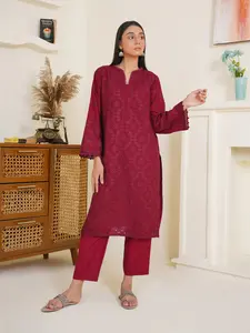 Ready To Wear 03-Piece Lawn Embroidered Suit Maroon - Elegant 3-Piece Ensemble with Embroidery Detailing, Women, Elegance