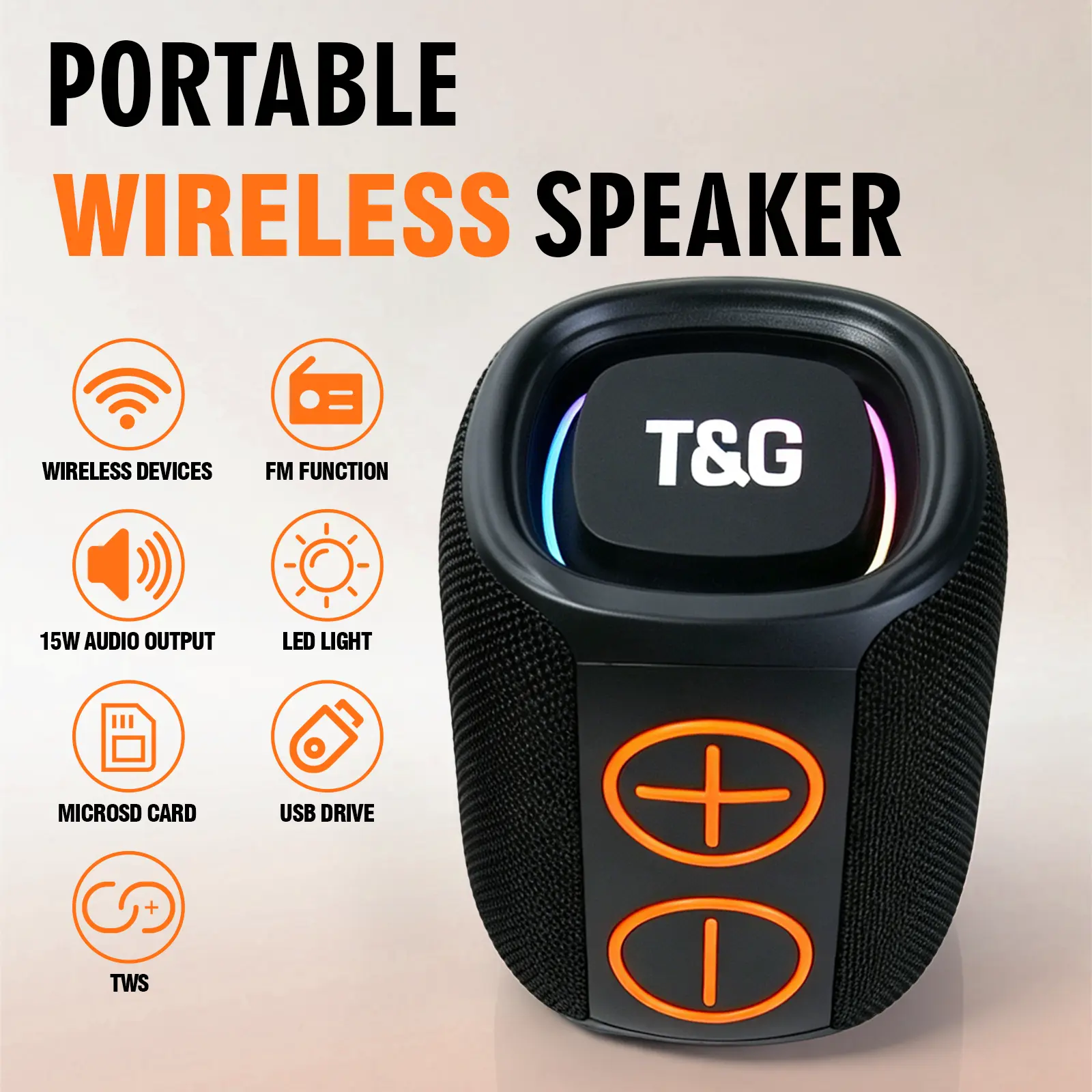 Portable Wireless Speaker, 15W Loud Stereo Sound with LED Light, TWS Pairing, FM Radio, TF Card & USB Support, Small Speaker for Home, Party, Outdoor