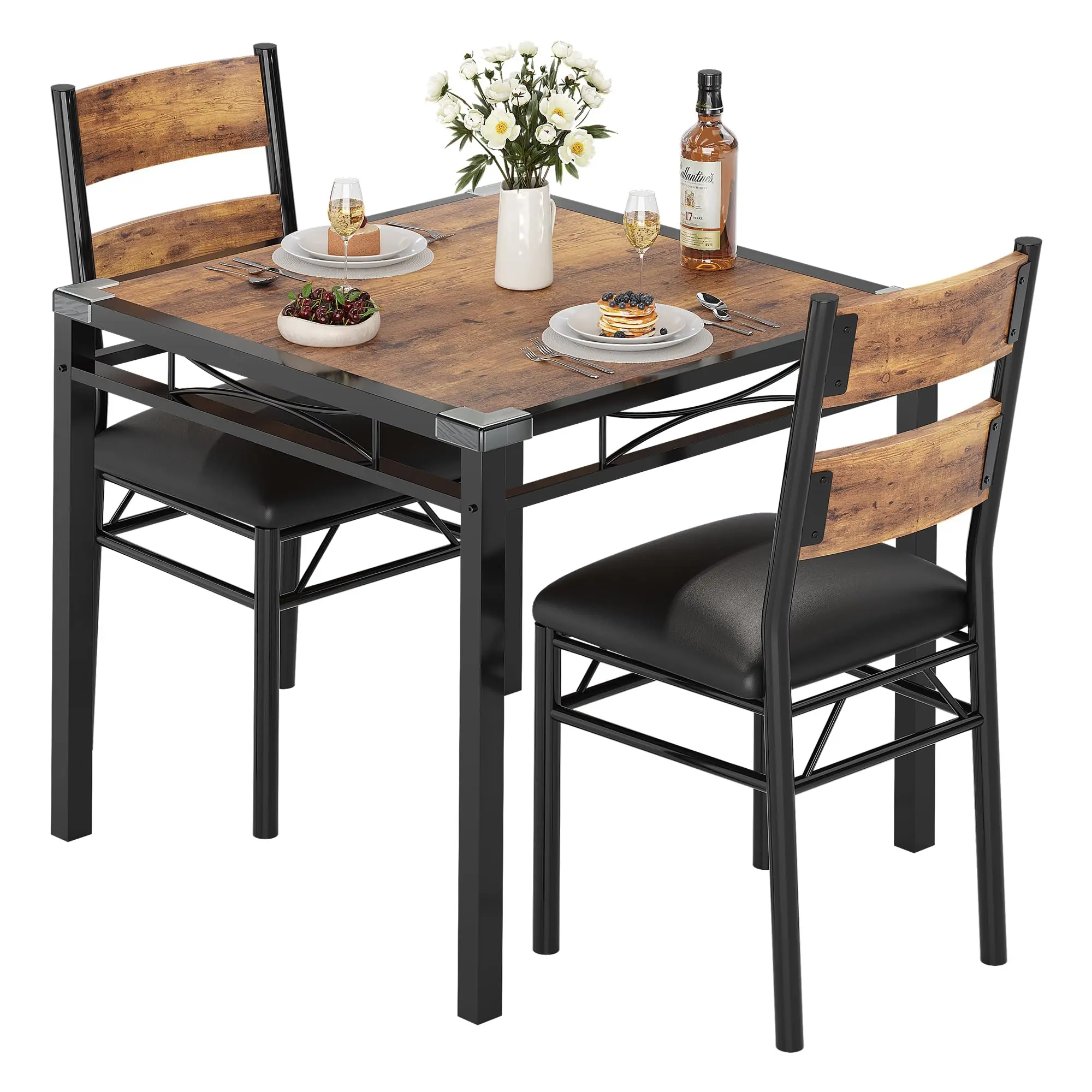 Garvee Modern 3-Piece Dining Table Set for 2, Space-Saving Small Kitchen Table with Upholstered Chairs & Corner Protectors, Wood Dining Set for Apartments & Dining Room