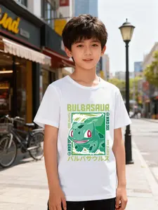 Boys' Single-Piece Short Sleeve T-Shirt Summer Trendy Design, Soft Body Eyes Smiling Face Back Bulbasaur Letter Print, Graphic Print Tee