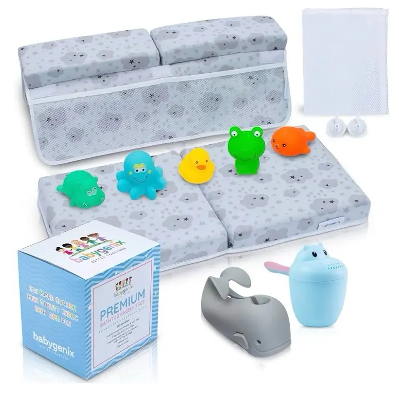 Thick Bathtub Kneeler Mat with Arm Rest, 4 Pockets, 5 Bath , Rinse Cup, Spout Cover, Mesh Bag & Custom Box for Baby Bathing