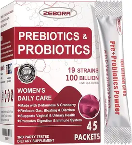 ZEBORA Probiotics + Prebiotics Powder for Women&MAN  - 100 Billion CFUs, 19 Strains, D-Mannose & Cranberry for Digestive, Immune,  Vitamin Fitness Supplement Blend for Women’s pH Balance and Dryness