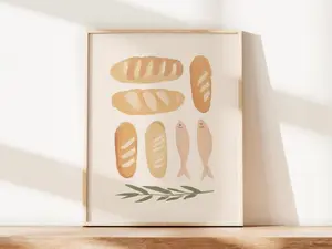 Neutral Artful Loaves and FIsh Art Painterly Jesus Bread Vintage Christian Miracle Scripture Kitchen Artwork Modern Print Homely Decor Unframedt