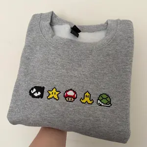Pixel Power-Ups Embroidered Sweatshirt, Retro Game Icons Crewneck, Gamer Aesthetic Gift