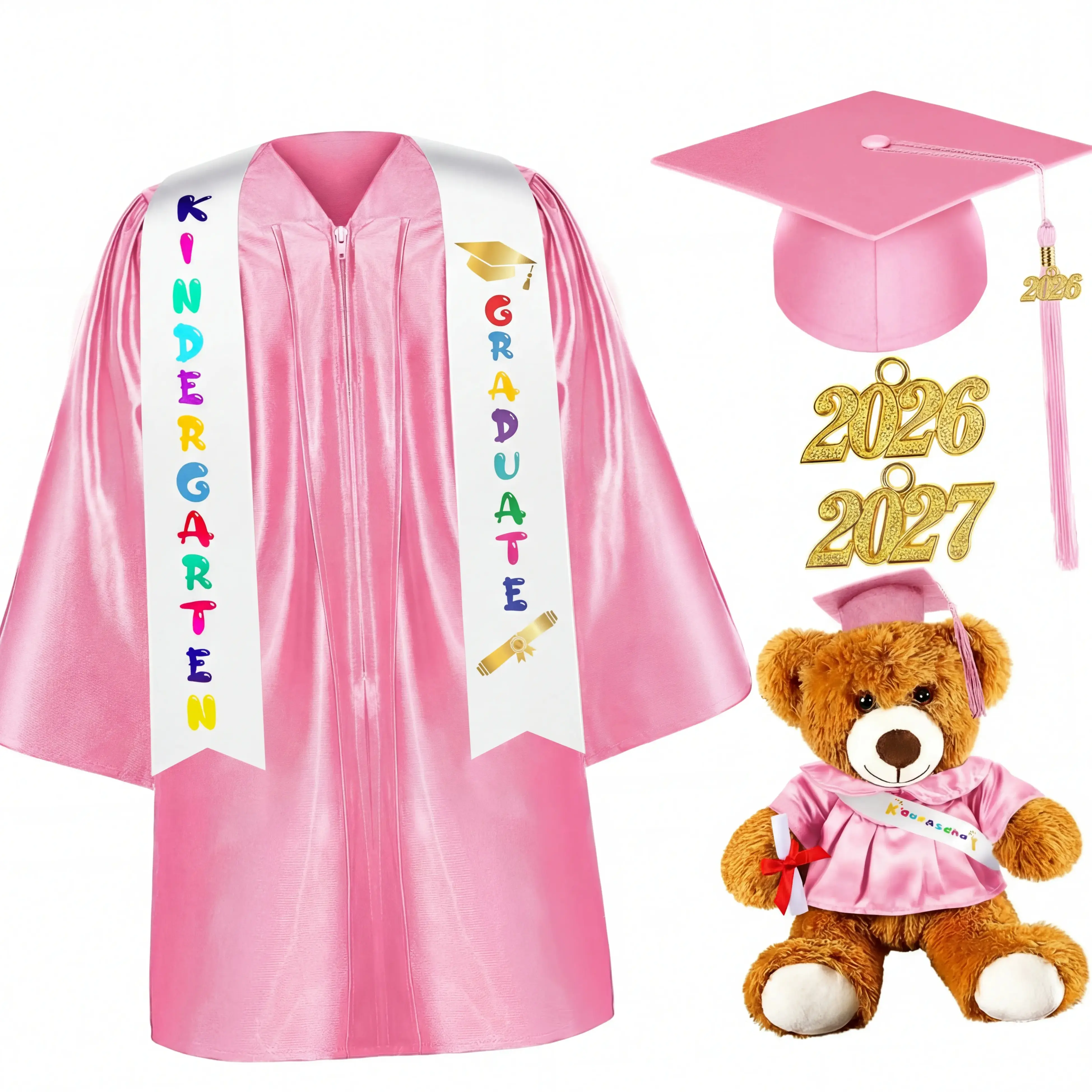 Kindergarten Graduation Gown Cap 2026, Preschool Graduation Photoshoot Accessories Include Stole Tassel Sash Charm Bear, Gifts for Classmates or Friends Student, Pre K Graduation Gift for Daughter Son Boys Girls, Class of 2026 Grad Party for Cere
