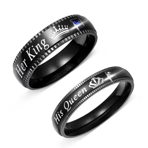 Her King & His Queen Crown Couple she Rings, Black Titanium Steel Matching Bands for Lovers, Trendy Hip Hop Jewelry Gift said yes