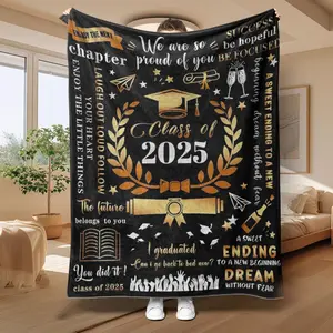 2025 Graduation Themed Blanket, 1 Count Letter & Graduation Cap Pattern Soft Blanket, Durable Polyester Blanket for Home Office School Dormitory