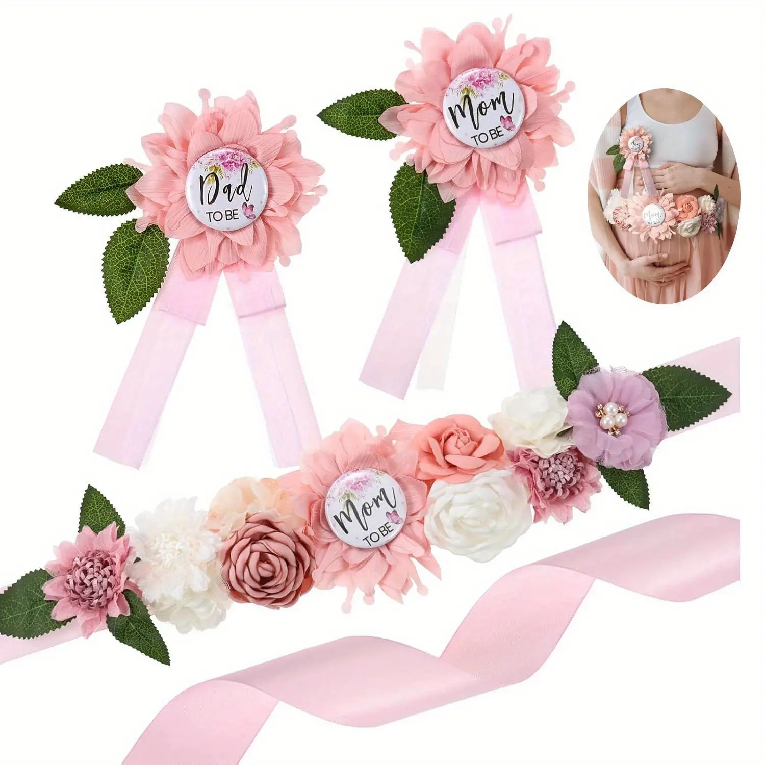 3-Piece Baby Shower Sashes, Hand-stitched Floral Chiffon Maternity Belt with Crystals for Mom to Be, Includes Dad to Be Pin, Long Length Photo Prop