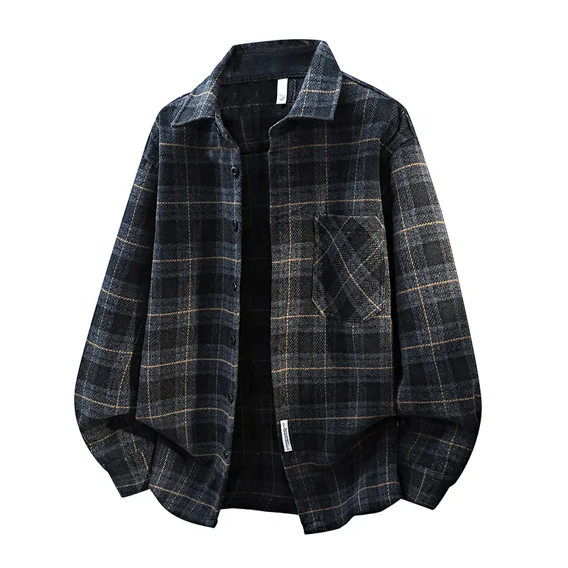 Men's Stylish Vintage Plaid Grid Premium Wool Blend Cardigan Shirt Jacket - Classic Lapel, Long Sleeves, Woven Fabric, Single Diagonal Chest Pocket, Full Button Closure, Curved Hem, Loose Overshirt for Fathers, Spring Autumn Casual Activities