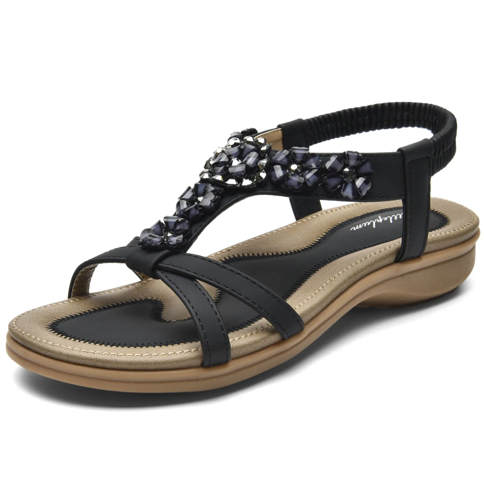 Littleplum Women's Bohemian Wedge Sandals with Rhinestones, Slip-On Open Toe Street Footwear with Arch Support for Summer, Open Toe Sandals, Wedge Heel, Holiday, Leather Blend, Boho Rhinestone Sandals