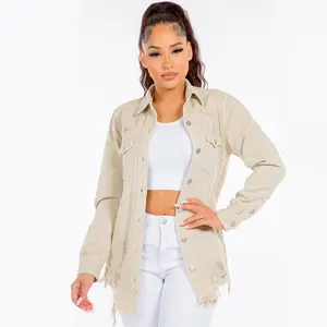 PLUS SIZE Distressed Ivory Denim Shacket with Button Front Closure for Women's Fashion Basic Beige Coats