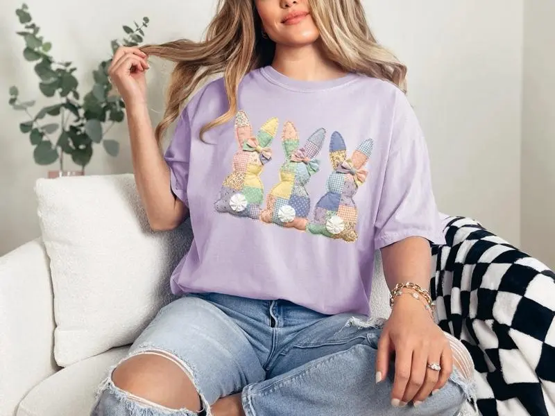 3 Bunny Patchwork Trio T-shirt Comfort Colors Summer Everyday Style Shirtsleeve love casual comfortable super soft relaxed fit unisex Sizing womenswear Streetwear  vintage Crewneck Printed Loose Graphic