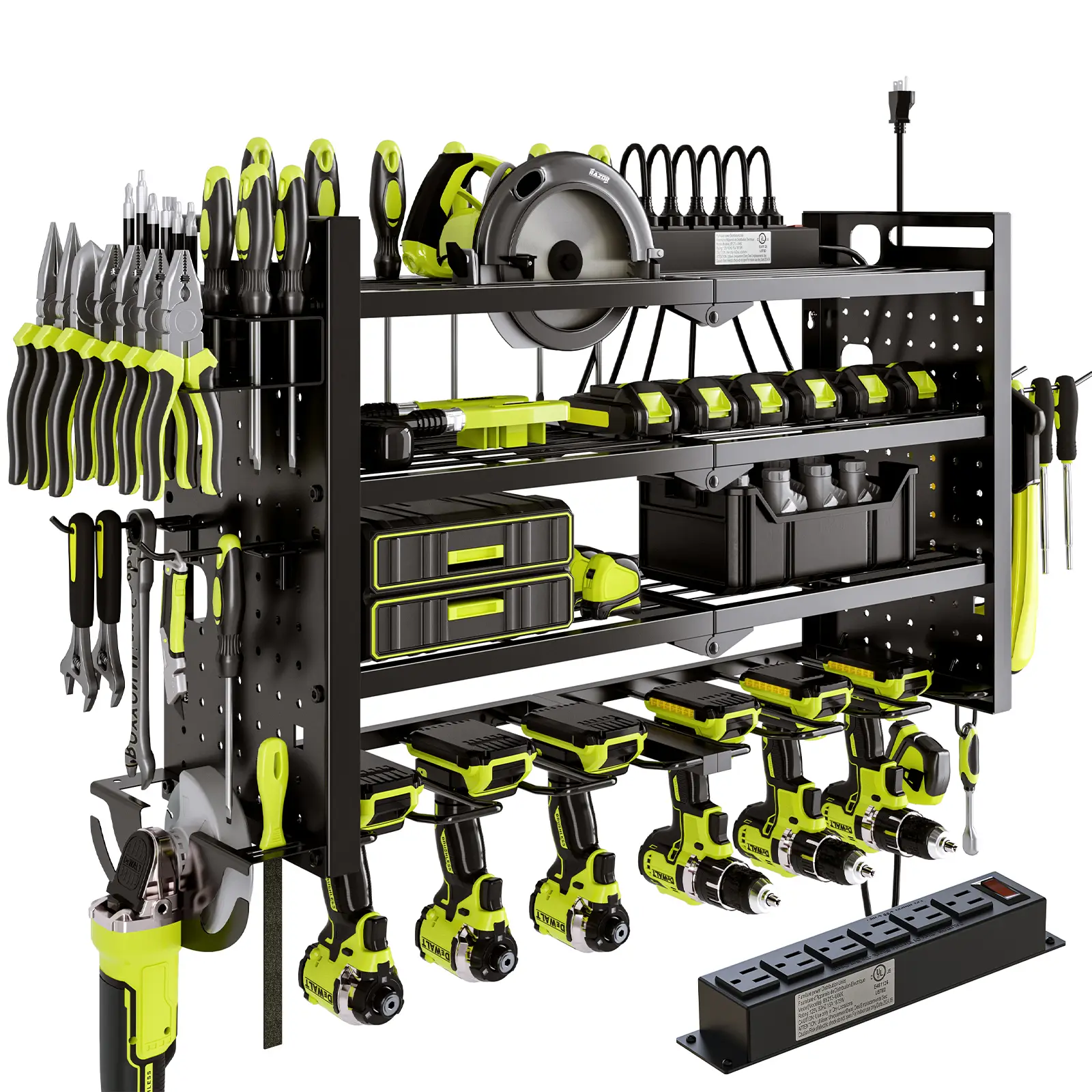 HAUSNEED-005 【SAME AS BLOGGERS】Tool Organizer Wall Mount with 6 Power Strip, Multi-functional storage rack, Cordless Tool Shelf, 4 Layers Storage Rack
