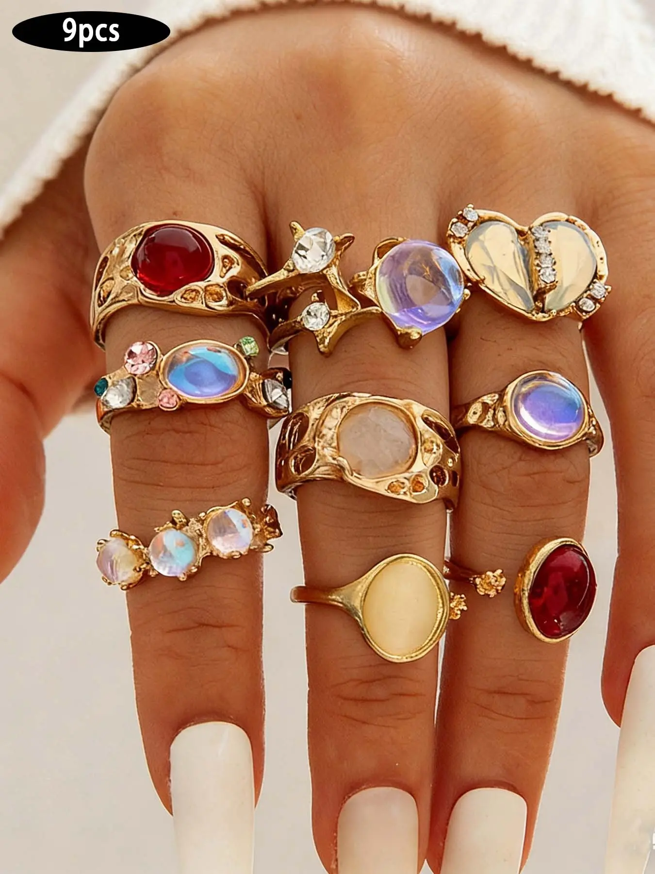 9Pcs Boho Vintage Gemstone Stackable Rings Set | Y2K & Coquette Aesthetic | Mixed Opal/Red Heart Stone, Adjustable Open Band | Ideal for Women, Daily Stacking & Party Looks, Statement Rings Vintage Rings Jewelry