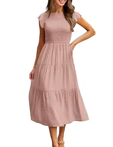 HEEKPEK Women's 2026 Summer Casual Flutter Short Sleeve Crew Neck Smocked Elastic Waist Tiered Midi Dress SwimWeek