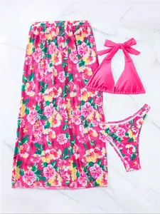 Women's Floral Print Bikini Set, Chic Bow Back Bikini Top & Swim Bottom & Cover Up Skirt Set, Ladies Swimsuit for Beach Holiday Vacation, Floral Tropical Bikini