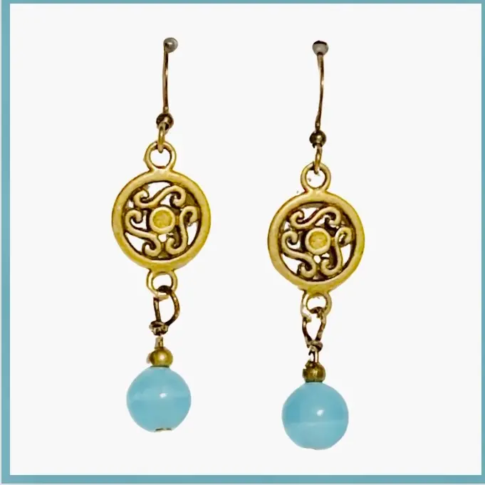 Small bronze medallion beaded earrings in blue