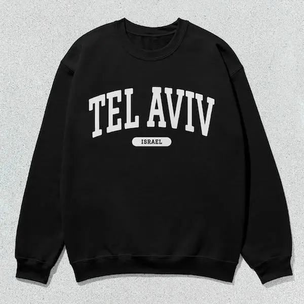 Men's Casual Long Sleeve Round Neck Tel Aviv Israel Collegiate Crewneck Sweatshirt, Unisex Comfortable Wear Tops, Preppy Casual, Slogan Print, Unisex Fit, Crew Neck, Menswear, All Seasons