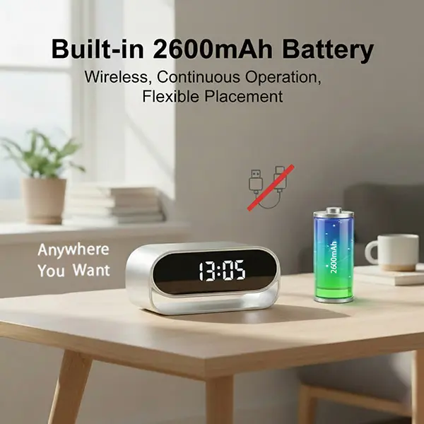 Alarm Clock, 4K UHD, WiFi6 & AP Hotspot, Remote Real-Time Viewing, Local Storage (SD Card Not Included), Cloud Storage Available, USB Power, Clear Night Vision, 2600mAh Battery, Motion Detection, 2-in-1, Indoor Home Office Use