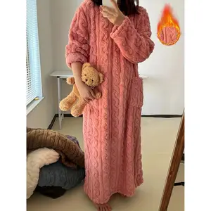 Women? Long fleece robe with pockets, warm plush cable-knit sleepwear, soft cozy winter loungewear blanket robe, fluffy oversized pajama gown