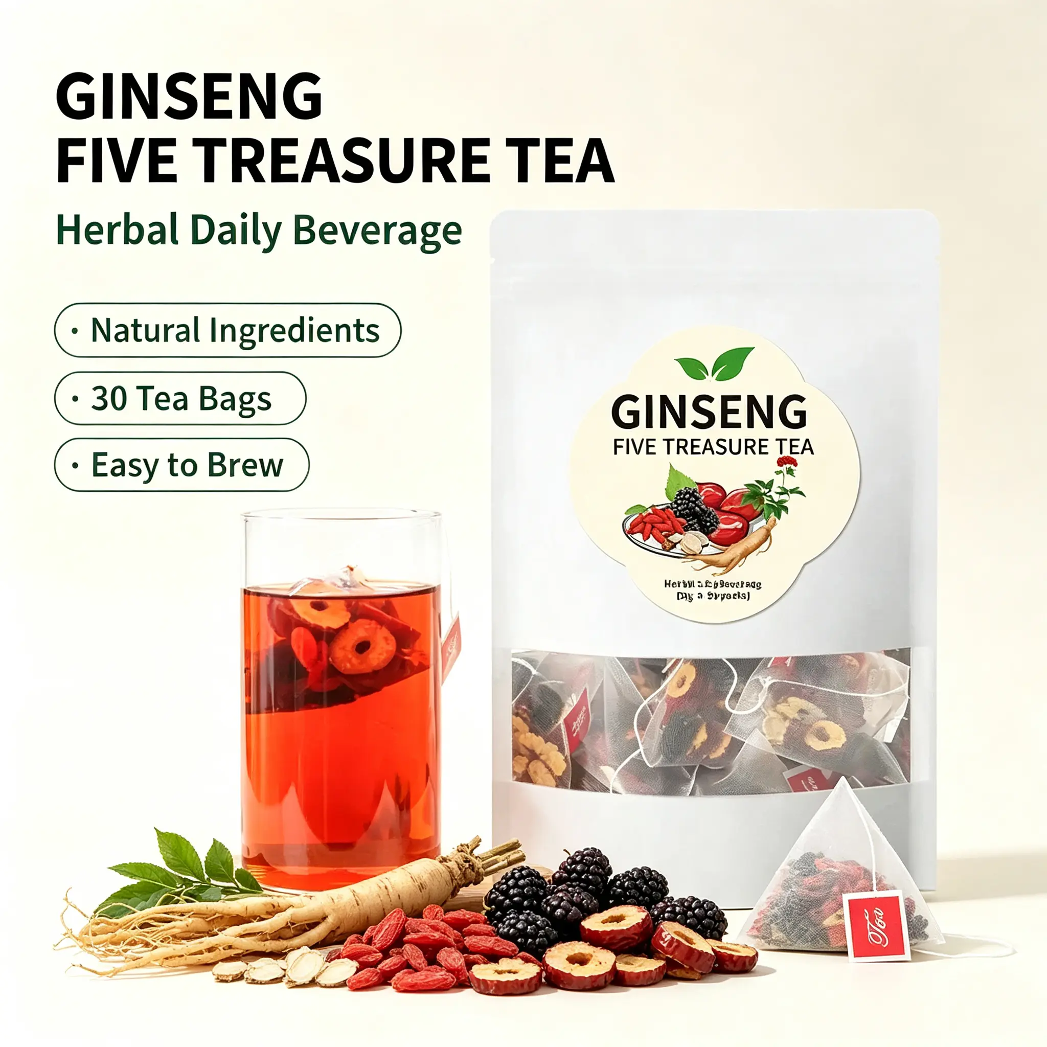 Ginseng Five Treasure Herbal Tea | Mulberry, Wolfberry & Red Date Blend, Premium Natural Nourishment Tea Bags