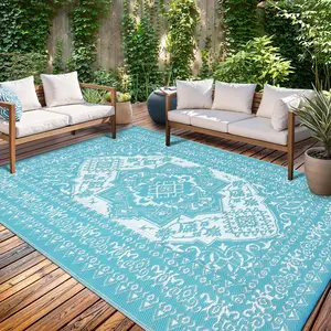 GARVEE Outdoor Rugs 8x10 Waterproof Reversible Outdoor Plastic Straw Rug, Large Patio Rugs UV-Resistant Portable RV Camping Mats, Vintage Boho Carpet for Deck Porch Garden, Light Blue & White