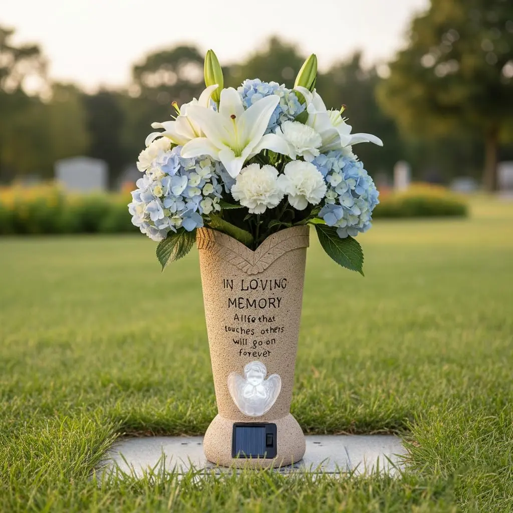 Solar Memorial Cemetery Flower Vase with LED, Angel Statue Vase with Spikes for Fresh Flowers and Artificial Flowers,Artificial Cemetery Grave Decorations