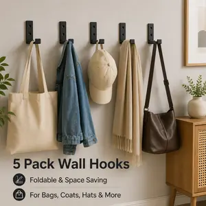 Foldable Hidden Wall Coat Hooks 5 Pack, Heavy Duty Rustproof Aluminum Alloy Wall Mount Hooks With Mounting Screws, Multi Purpose Hanging Holder For Coats, Towels, Handbags, Gaming Headsets & Fitness Equipment For Entryway Bathroom Game Room