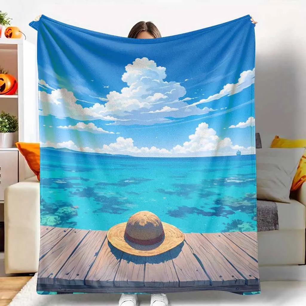 Ocean Horizon Coastal Flannel Blanket - Flannel Fabric, Blue Sky Beach Scene Print, Anti-Pilling, Soft Warm Lightweight, Multi-Size, Coastal Decor, Indoor/Outdoor for Home/Camping Bedroom Cozy Corner Gift