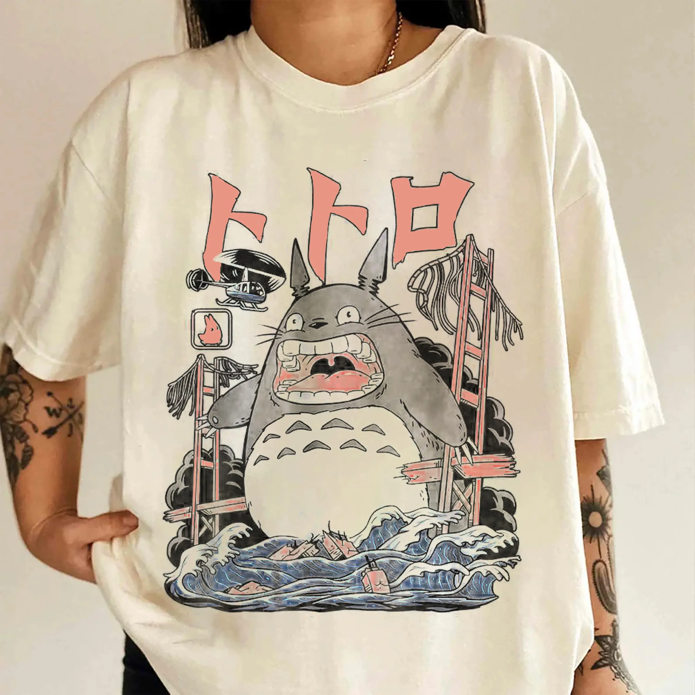 Women's Ethical US Cotton Round Neck Short-Sleeve Ghibli Graphic T-Shirt - Studio Ghibli My Neighbor Totoro Vintage Anime Print, Summer Casual Womenswear Top, Ghibli Graphic Women's T-Shirts