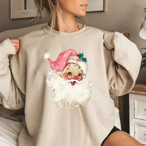 Pink Santa retro Christmas sweatshirts for women; pink matching family sweaters; pink vintage holiday crewneck group party