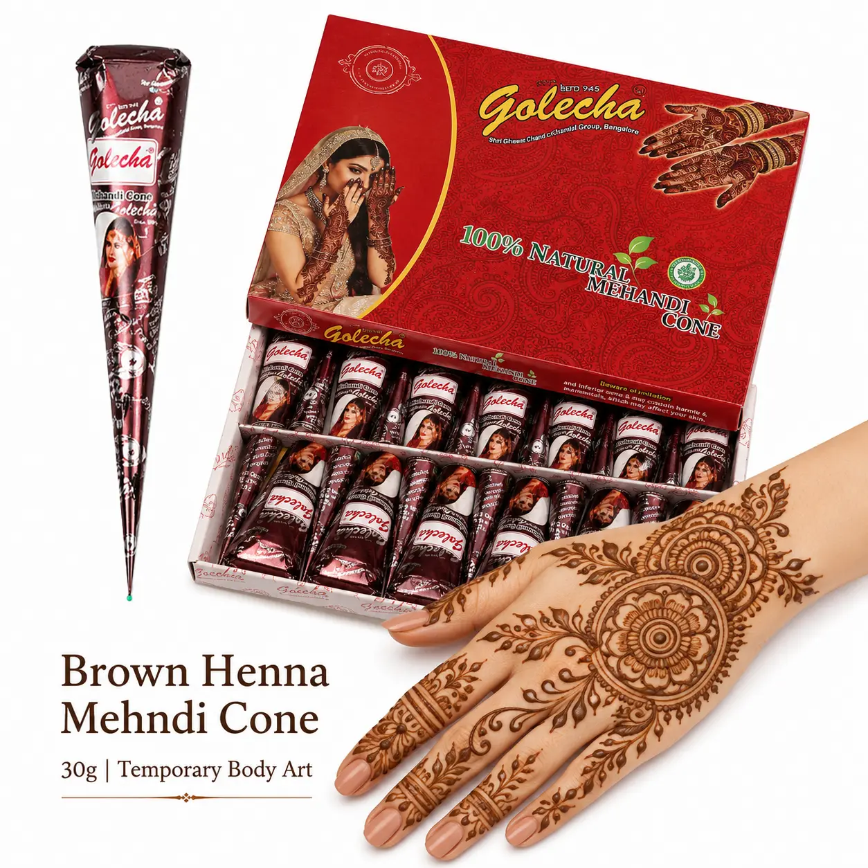 GOLECHA 30g Brown Henna Tattoo Cones For Freckle Hand Indian Mehndi Body Paint Henna Tattoo Paste For Temporary Tattoo Body Art