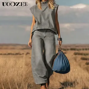 UOOZEE Women's Vintage Minimalist 2-Piece Denim Outfit Set - Polyester Fabric Cropped Mock Neck Sleeveless Tank Top, Loose Wide Leg Pockets Pants, Leather Cap Included for Everyday Casual/Work (Spring Summer)