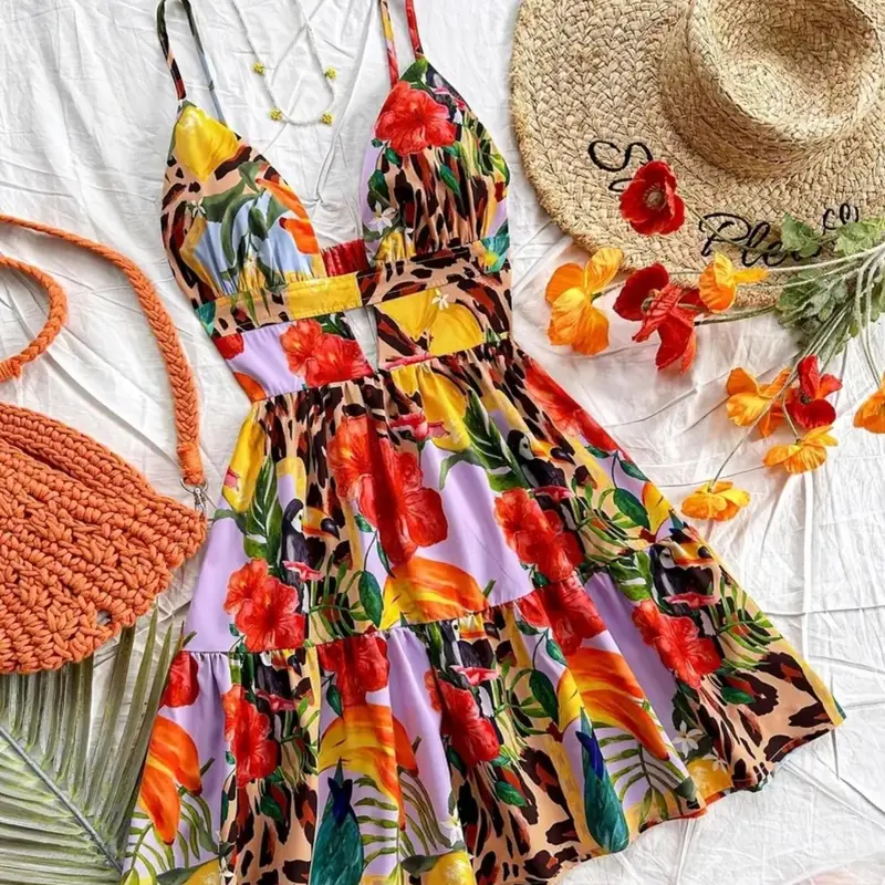 Women's Floral Print Cami Dress, Boho Beach Dress, Fashion Chic Casual Fit Sleeveless Spaghetti Strap Dress for Beach Holiday Vacation, Ladies Summer Clothes, Casual Wear