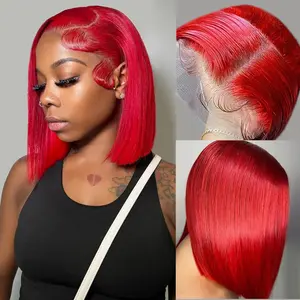 GK Red Bob Wig Human Hair Straight 13X4 HD Transparent Hot Red Bob Lace Front Wigs Human Hair Wead and Go Glueless Wig 14 Inch Pre Plucked With Natural Hairline Short Bob Colored Wigs For Women