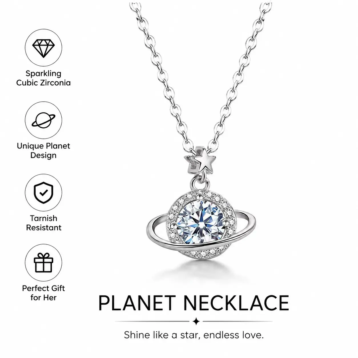 Women's Minimalist Planet Crystal Necklace, 5A Sparkling Zirconia Pendant, Hypoallergenic Stainless Steel, 16-20 in Adjustable Chain, Elegant Necklace, Gift-Ready Box, Ideal for Anniversary/Birthday Gifting