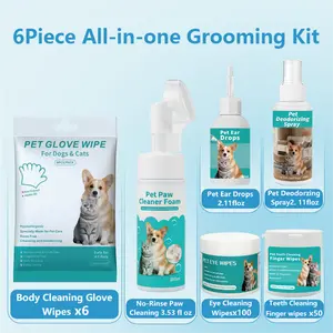 iHubei 6 Tools Pet Grooming Kit for Dogs & Cats -[Spring Deal] Includes Ear Cleaner 60ml, Paw Cleaner 100ml, Deodorizing Spray 60ml, Eye Wipes 100pcs, Teeth Wipes 50pcs, No-Rinse Paw Cleaner 100ml Groomer kit Cleaning