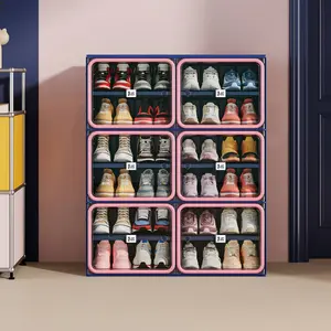 Colorful Stackable Shoe Storage Cabinet with Magnetic Clear Doors, Foldable Entryway Shoe Organizer, Sneaker Display Rack (6/8/10 Tier, Pink-Blue / Red-Black)