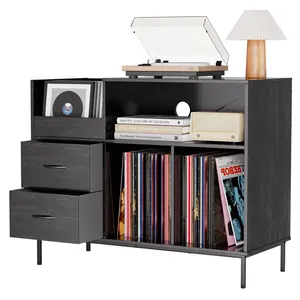 Eco-Friendly Wood Record Player Stand with Power Strip & Vinyl Storage Cabinet